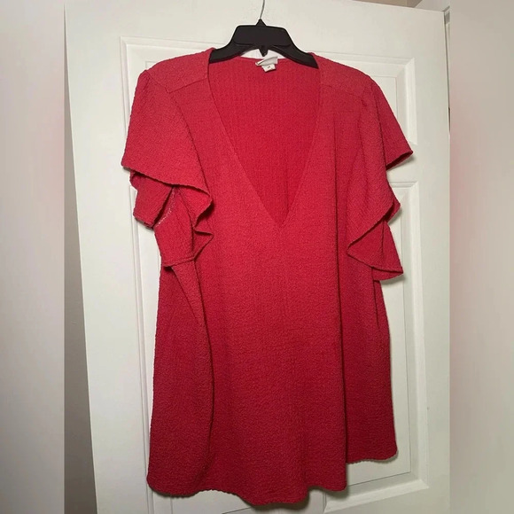Ava & Viv Woman’s Flutter Sleeve Blouse Size 2X Rose V Neck Textured Fabric - Picture 1 of 7